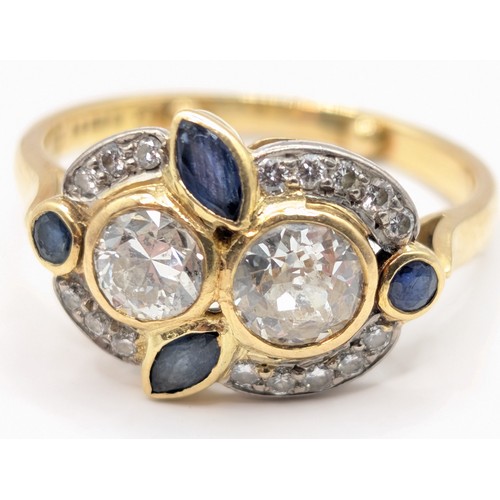 42 - 18ct gold, diamond and sapphire cluster ring, hallmarked, centring a collet-set old European-cut dia... 