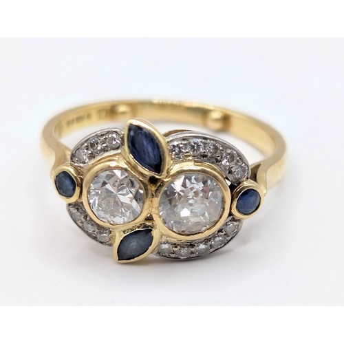 42 - 18ct gold, diamond and sapphire cluster ring, hallmarked, centring a collet-set old European-cut dia... 