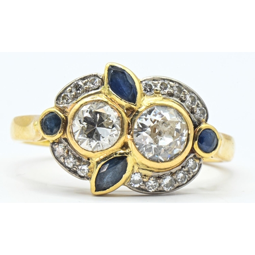 42 - 18ct gold, diamond and sapphire cluster ring, hallmarked, centring a collet-set old European-cut dia... 