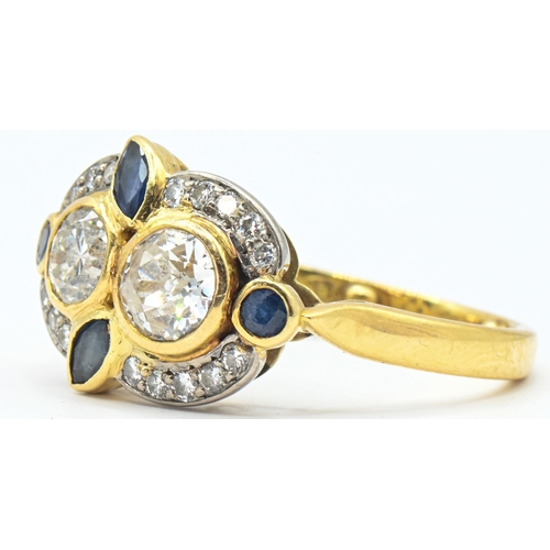 42 - 18ct gold, diamond and sapphire cluster ring, hallmarked, centring a collet-set old European-cut dia... 