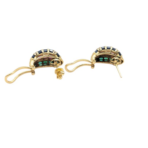 43 - Pair of emerald, ruby, sapphire and diamond earrings, mounted in yellow metal marked 18K, fold back ... 