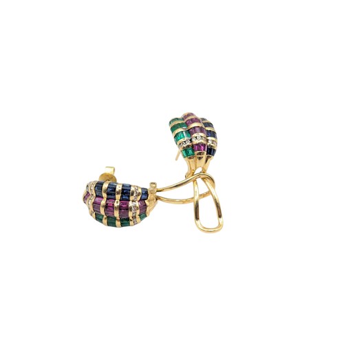 43 - Pair of emerald, ruby, sapphire and diamond earrings, mounted in yellow metal marked 18K, fold back ... 
