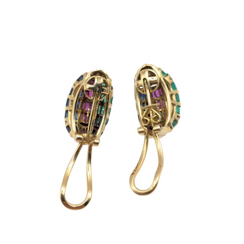 43 - Pair of emerald, ruby, sapphire and diamond earrings, mounted in yellow metal marked 18K, fold back ... 