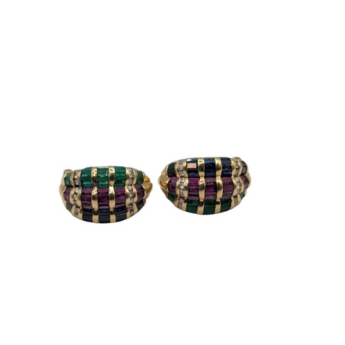 43 - Pair of emerald, ruby, sapphire and diamond earrings, mounted in yellow metal marked 18K, fold back ... 