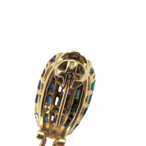 43 - Pair of emerald, ruby, sapphire and diamond earrings, mounted in yellow metal marked 18K, fold back ... 