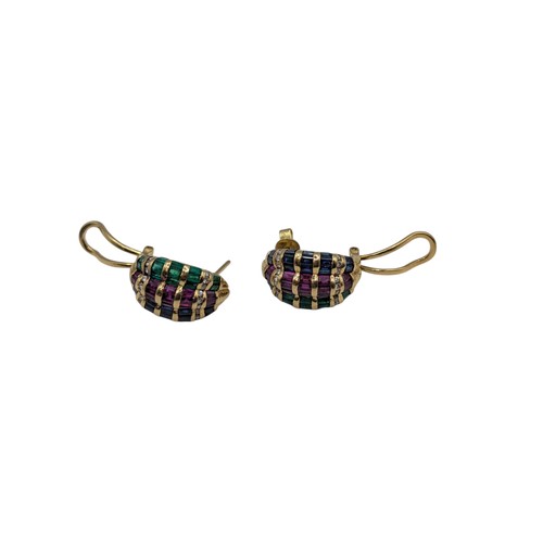 43 - Pair of emerald, ruby, sapphire and diamond earrings, mounted in yellow metal marked 18K, fold back ... 