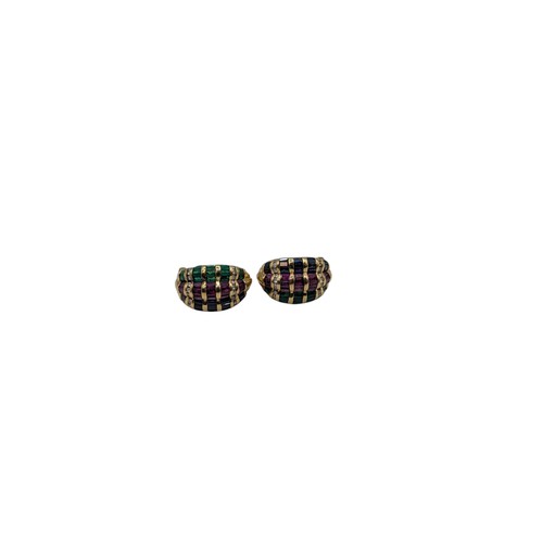 43 - Pair of emerald, ruby, sapphire and diamond earrings, mounted in yellow metal marked 18K, fold back ... 