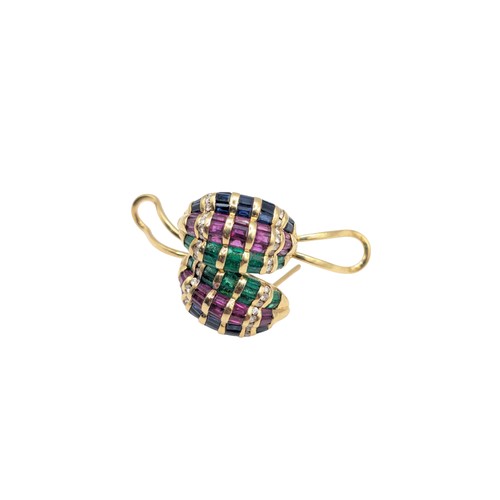 43 - Pair of emerald, ruby, sapphire and diamond earrings, mounted in yellow metal marked 18K, fold back ... 