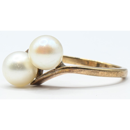 47 - 9ct gold and pearl 'Toi et Moi' ring, rubbed hallmark, size N1/2, gross weight 2.87 grams