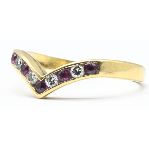 57 - 18ct gold, diamond and red stone wishbone ring, hallmarked, size O1/2, gross weight 2.89 grams... 