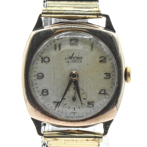 10 - Avia 9ct gold cased watch, the textured silvered dial with raised gilt Arabic numerals and subsidiar... 