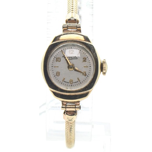 3 - Ladies Everite 9ct gold cased watch with a 9ct gold snake link strap, the silvered dial with applied... 