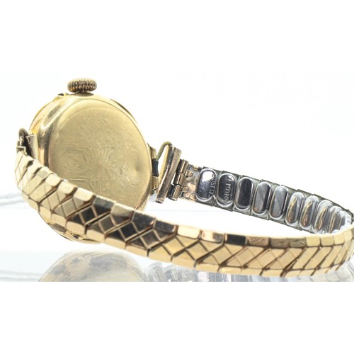 4 - Ladies 9ct gold cased watch, the white enamel face with Arabic numerals, 17 jewels, inside case back... 