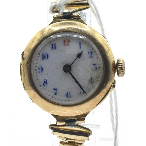 4 - Ladies 9ct gold cased watch, the white enamel face with Arabic numerals, 17 jewels, inside case back... 