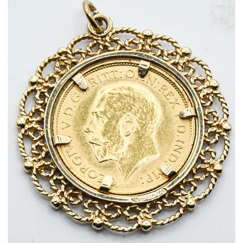 34 - George V 1912 half sovereign, in a 9ct gold hallmarked circular open work pendant mount, gross weigh... 