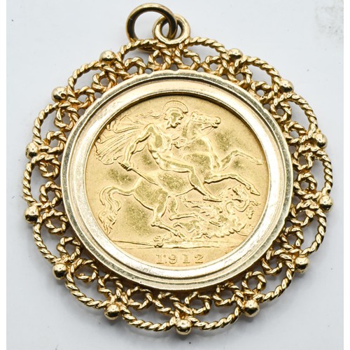 34 - George V 1912 half sovereign, in a 9ct gold hallmarked circular open work pendant mount, gross weigh... 