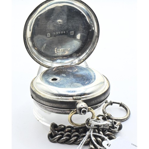 20 - Silver cased open face key-wind pocket watch and white metal watch chain, the white dial marked H. B... 