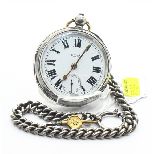 20 - Silver cased open face key-wind pocket watch and white metal watch chain, the white dial marked H. B... 