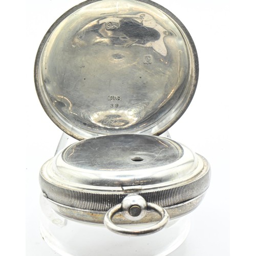 22 - Silver cased open face key wind pocket watch in leather travel case, the white dial marked Fattorini... 