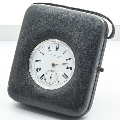 22 - Silver cased open face key wind pocket watch in leather travel case, the white dial marked Fattorini... 