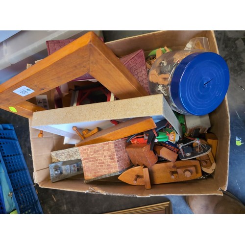 400 - small box containing toy buildings, figures, homemade wooden toys, play mobile + small tub of Britai... 