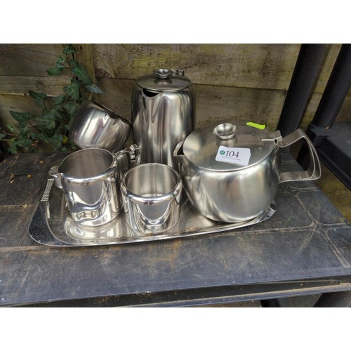 104 - Old Hall stainless steel tea service inc. milk jug x 2, coffee pot, serving tray, teapot and sugar b... 