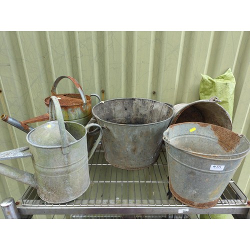 121 - 2 x galvanised watering cans + 3 x galvanised buckets.&nbsp;