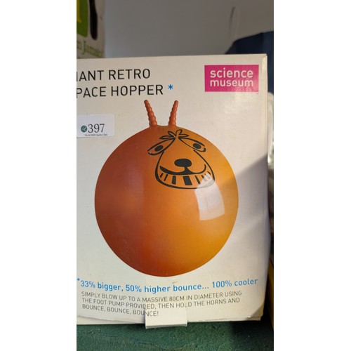 397 - Collection of toys & games including Trivial pursuit, air football + giant retro space hopper in... 