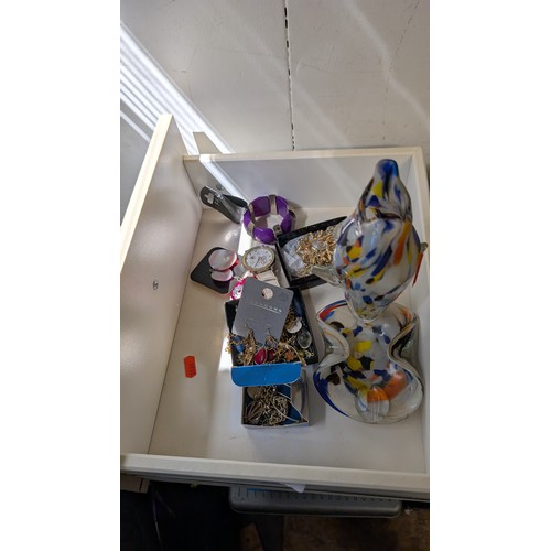 383 - Drawer containing Glass fish ornament, Costume Jewellery including necklaces, pendants & earring... 