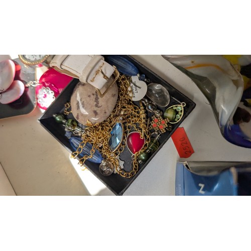383 - Drawer containing Glass fish ornament, Costume Jewellery including necklaces, pendants & earring... 