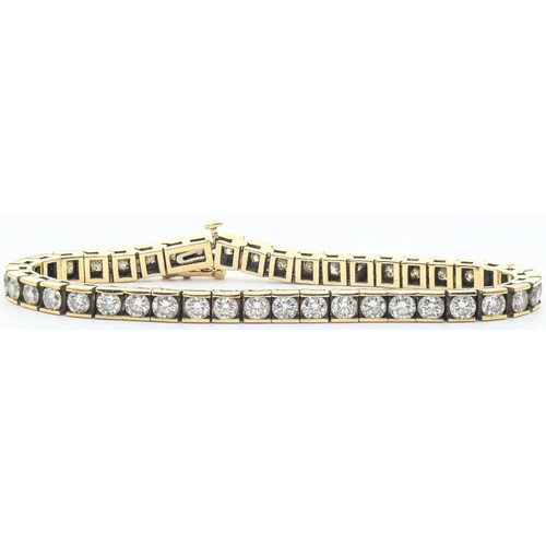 Diamond bracelet, designed as a line of forty-two modern round brilliant-cut diamonds estimated to weigh 10.00 carats, the yellow metal mount marked 14K, length 185mm, gross weight 22.58 grams