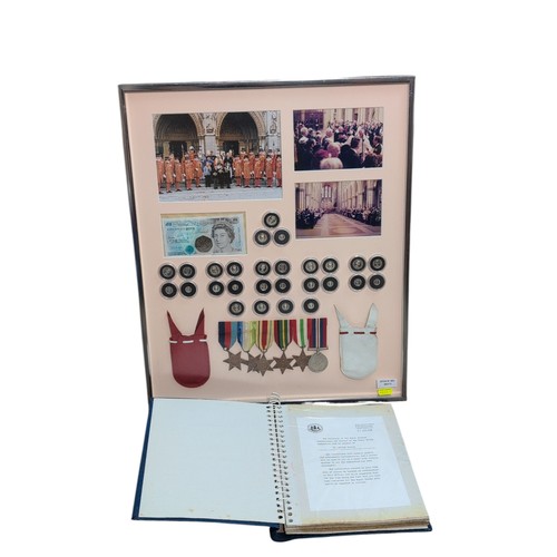 Elizabeth II mounted 1994 full distribution Maundy set, comprising six sets, a fourpence, threepence and penny, £5 banknote, D-Day 50 pence, red and white leather distribution purses, photographs and accompanied by the recipient Mr. George Beards' group of six WWII medals to include War Medal, 1939-1945 Star, Pacific Star, Africa Star, Italy Star and additional Pacific Star on an Atlantic Star ribbon.