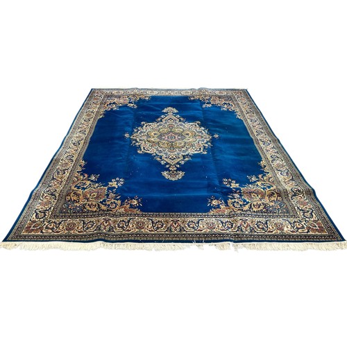 Very large central medallion geometric border pattern rug in mostly blue, green & cream. W4.7m x L3.65m