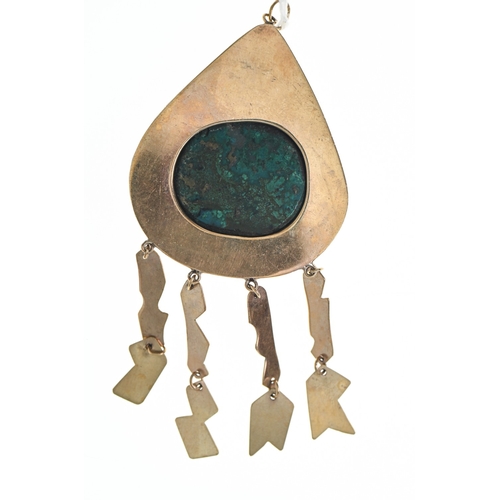 74 - Yellow metal and turquoise coloured stone pendant, length including bale approx. 95mm, gross weight ... 