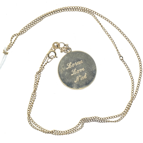 78 - 9ct gold St. Christopher pendant and 9ct gold neck chain, hallmarked,&nbsp;personal inscription to p... 