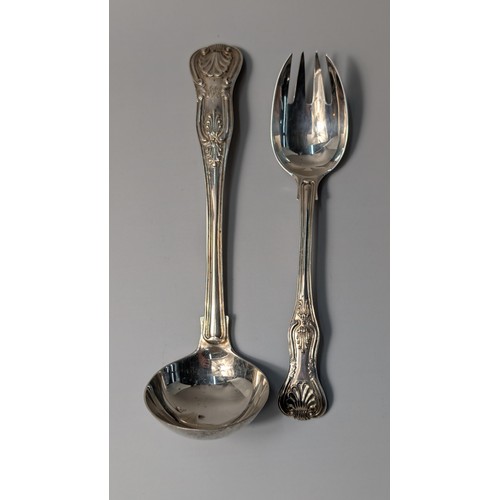 322 - Victorian silver king's pattern sauce ladle and runcible spoon, maker's mark rubbed but probably Sam... 