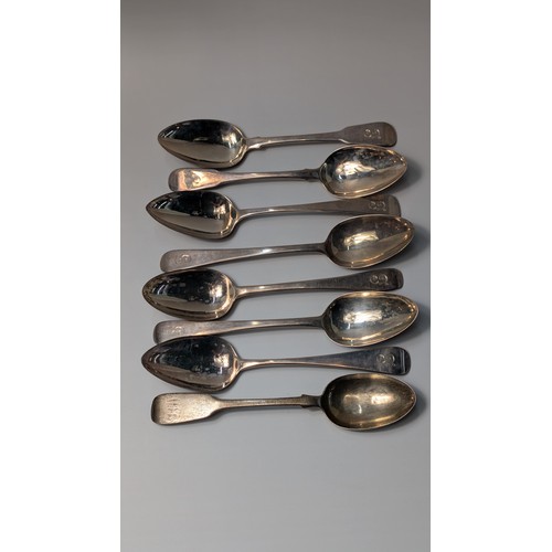 339 - Eight mostly George III silver dessert spoons, various makers and dates, some initialled to terminal... 