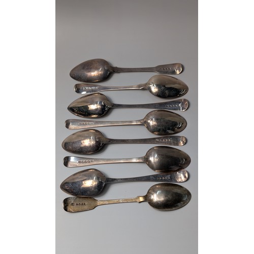 339 - Eight mostly George III silver dessert spoons, various makers and dates, some initialled to terminal... 