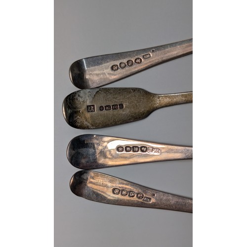 339 - Eight mostly George III silver dessert spoons, various makers and dates, some initialled to terminal... 