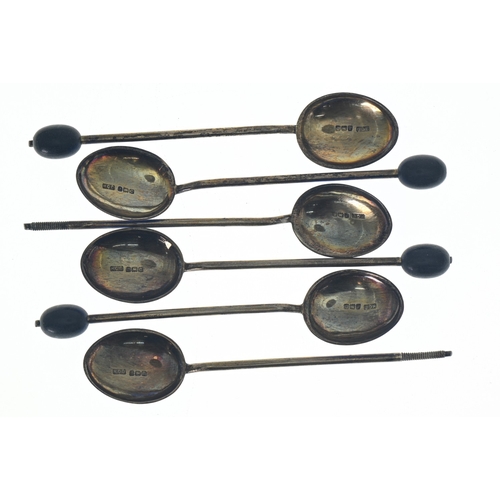 354 - Set of George V silver and enamel coffee bean spoons, Henry Clifford Davis, Birmingham 1927, gross w... 