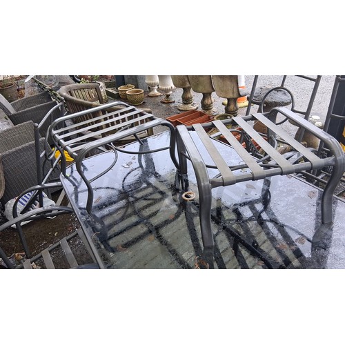 101 - Set of 4 metal garden chairs with slatted seats and circular back detail, together with a rectangula... 