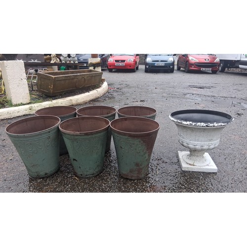 114 - Set of six green-painted plastic garden planters, embossed with scrolling foliate ornament, together... 