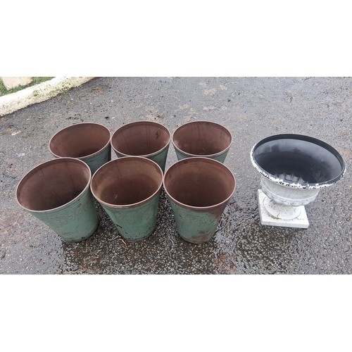114 - Set of six green-painted plastic garden planters, embossed with scrolling foliate ornament, together... 