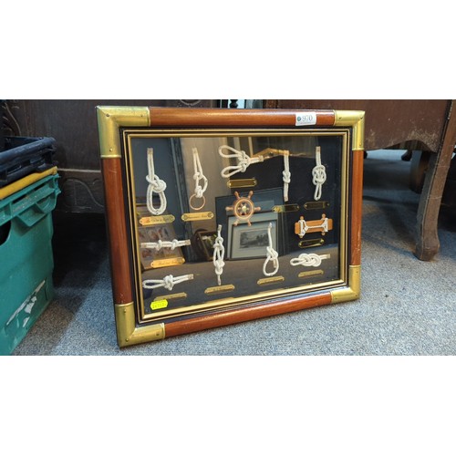 A framed nautical display case presenting knotted ropework studies with ...
