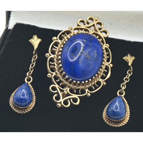 5 - 9ct gold and lapis brooch and pair of pendant earrings, hallmarked, brooch length 35mm, earring leng... 