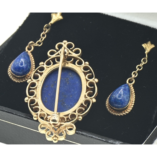 5 - 9ct gold and lapis brooch and pair of pendant earrings, hallmarked, brooch length 35mm, earring leng... 