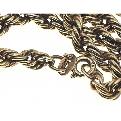 15 - 9ct gold rope twist neck chain, hallmarked, length 555mm, 9.6 grams