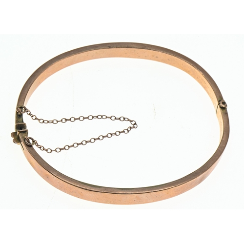 17 - Late Victorian 9ct rose gold hinged bracelet, Birmingham 1898, with safety chain, inner width 58mm, ... 