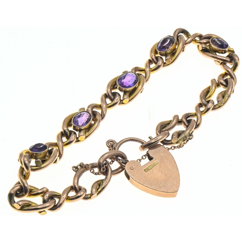 25 - Amethyst set fancy link bracelet with a heart-shaped padlock clasp, clasp marked '9CT GOLD', with sa... 
