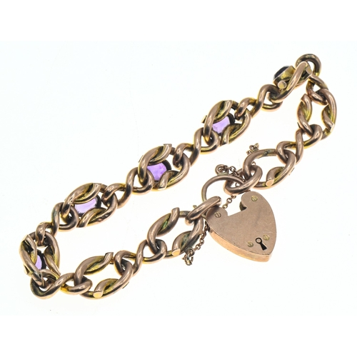 25 - Amethyst set fancy link bracelet with a heart-shaped padlock clasp, clasp marked '9CT GOLD', with sa... 